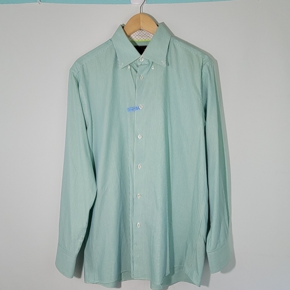 TATTERSALL London Men Button Down Shirt Sz 161/2 Green/White Stripe 100% Cotton - Picture 10 of 10